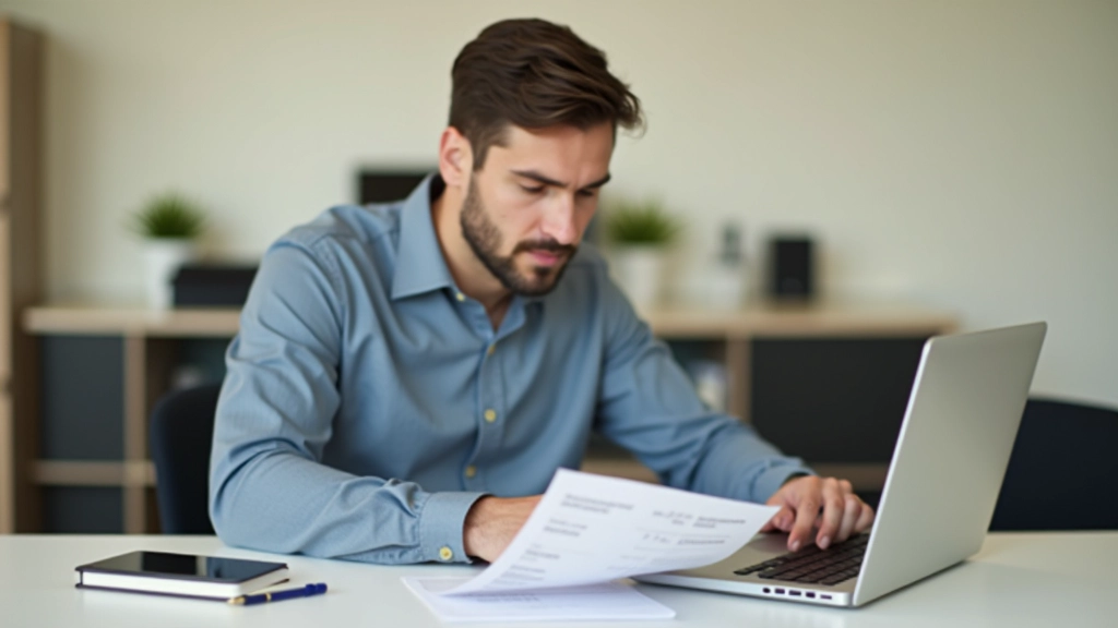 Young professional reviewing financial statements and bank statements at home office desk