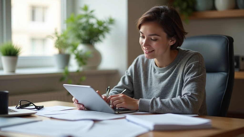Person writing expense list on tablet with financial documents nearby on clean desk